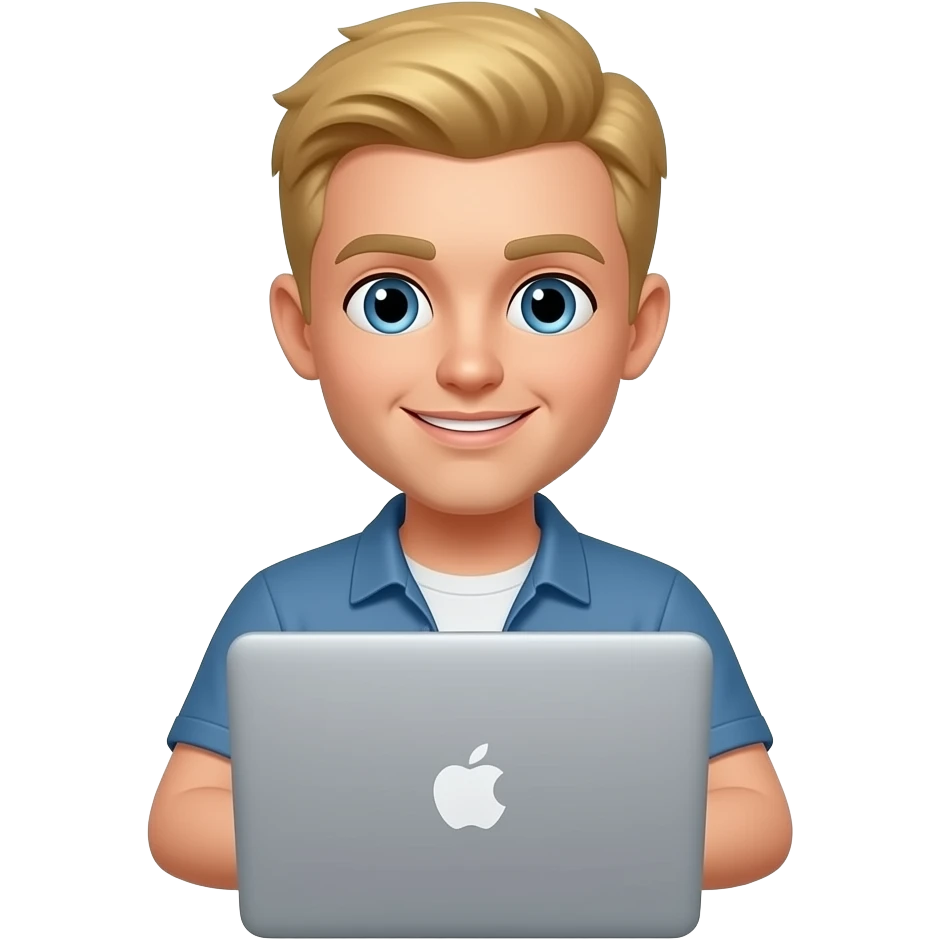 Блондин парень  сидит за ноутбуком apple  c короткой стижкой emoji