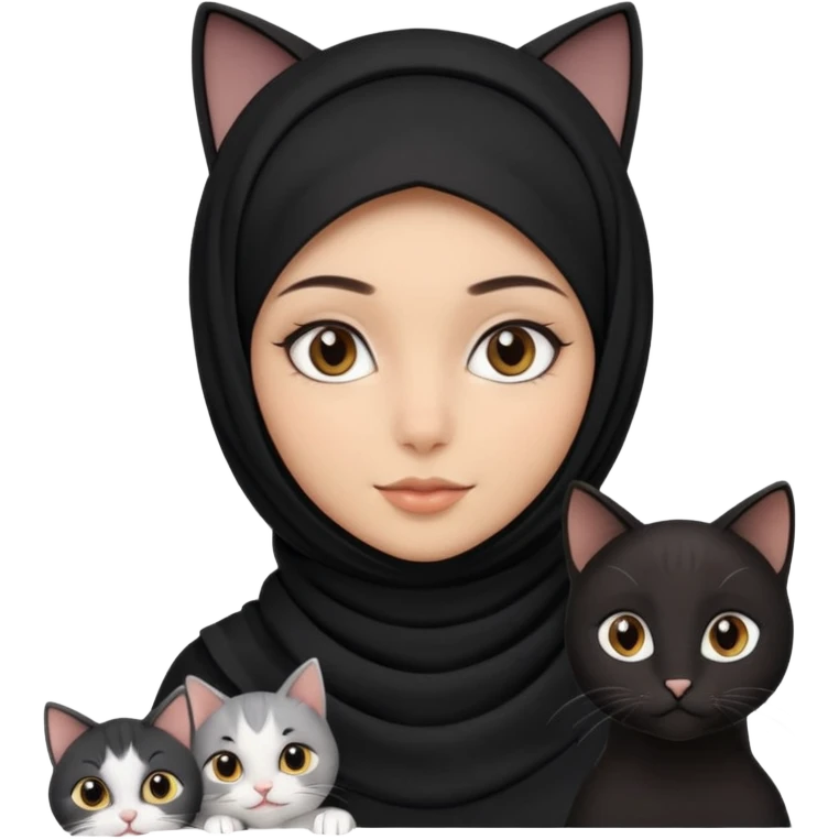 A girlhuman with brownblack eyes and black hijab. and three cats, two blackwhite and one grey cats animals  emoji
