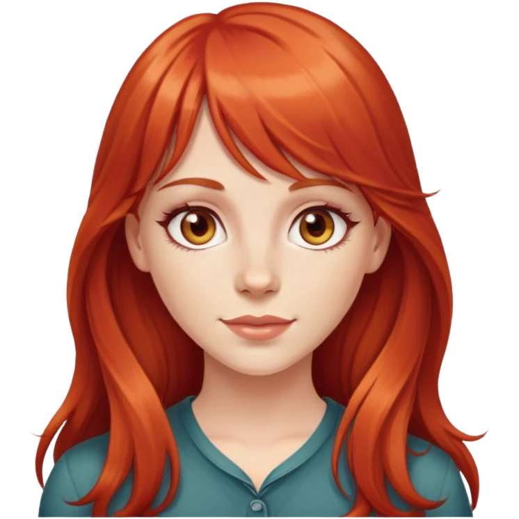 Long red hair white girl with bangs, hazel eyes, dimples  emoji