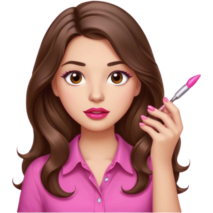 girl with long wavy brown hair, brown eyes, light to medium complexion, in a pink shirt, pink lips, long lashes, puckered lips, showing off painting long nails emoji