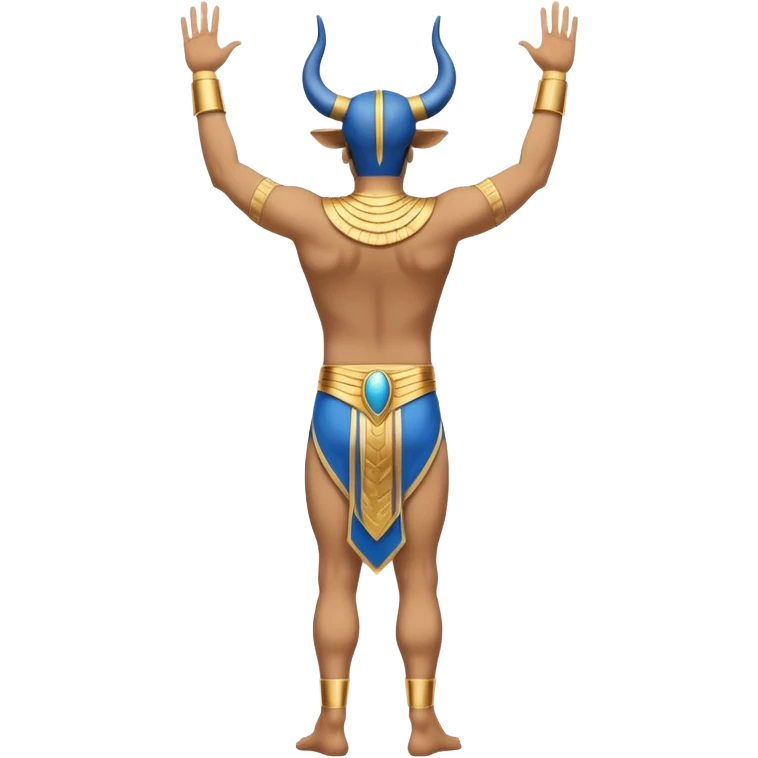 fullbody Egyptian human bull leaper, back view, in 'are you entertained' pose, without horns, with arms raised, with blue and gold accents emoji