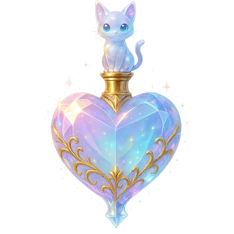crystal, luxurious elixir bottle in heart shape, pastel gradient, lots of glow, edges, ornaments, golden details, magical effects, very small golden neck, transparent background, beautiful merging bottom, clearly floating in air, no base or shadow, very luxurious, matching collection, small cat on top emoji
