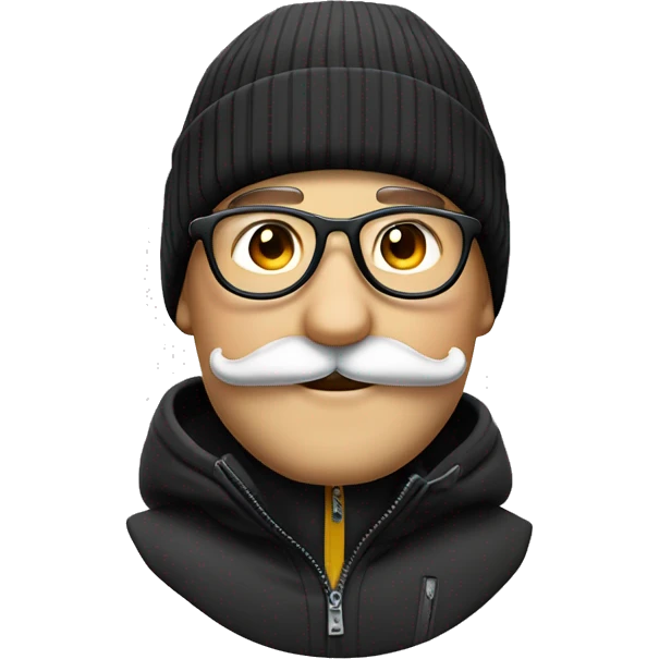homme blanc sans cheveux avec un bonnet de ski de couleur noir des lunettes et une moustache  emoji