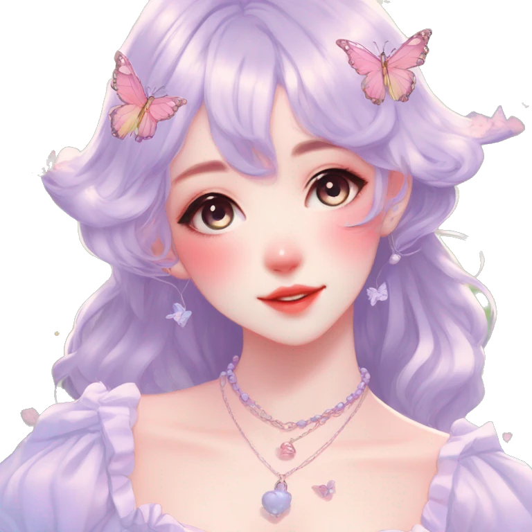 Gorgeous pastel anime style lady with blushing face and butterfly wings necklace cottagecore fairycore pastelcore colorful pearly romantic simplistic aesthetic trending style emoji