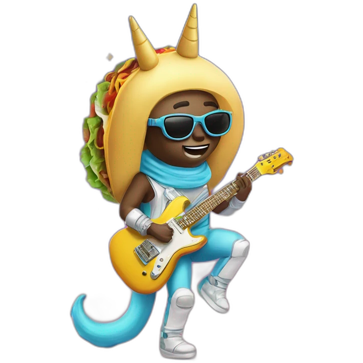 Imagine if a unicorn and a taco had a baby, and this baby decided to go on a space vacation wearing oversized sunglasses and playing a funky electric guitar emoji