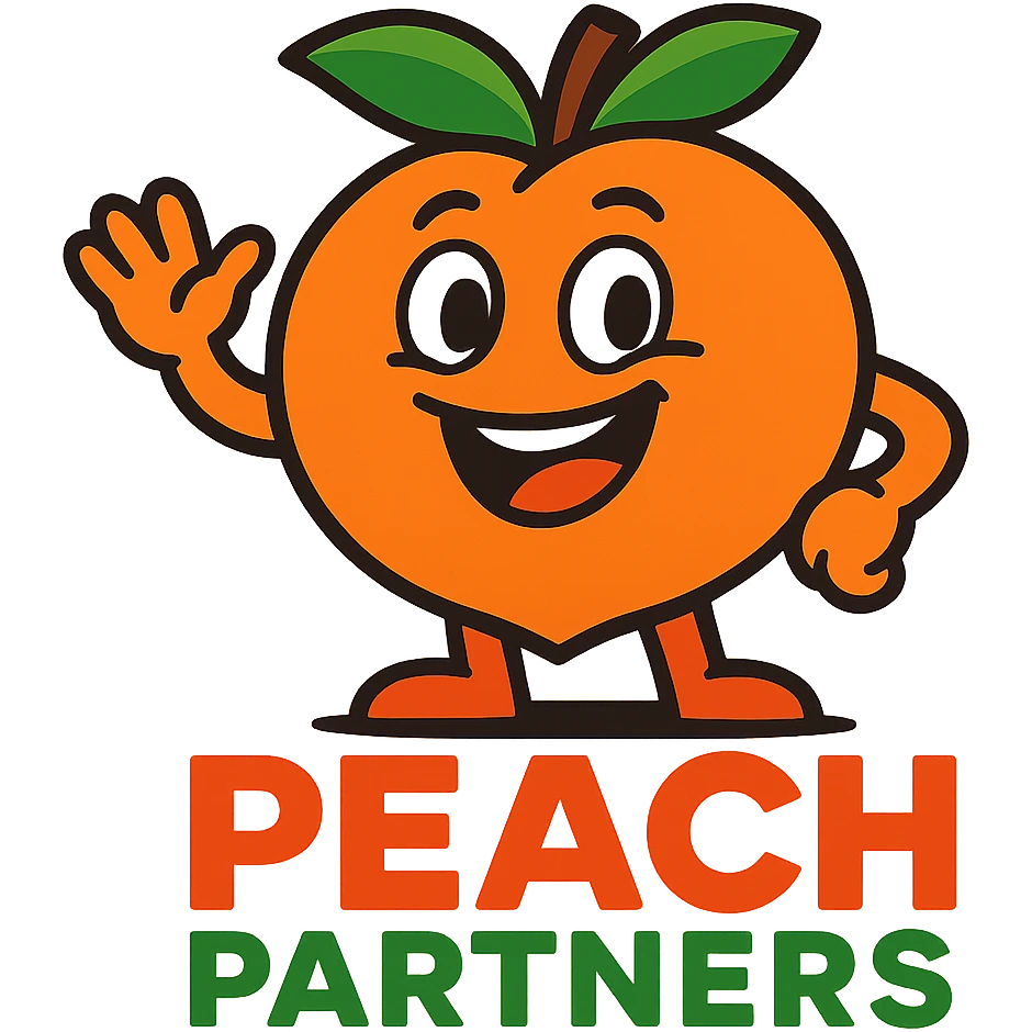 friendly peach mascot for 'Peach Partners' logo, vibrant colors, cheerful expression, peach with big smile and leaf hat emoji