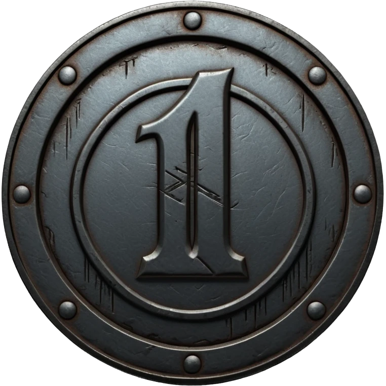 Minimal emoji, gothic metal coin made of black steel, engraved number 1 at the center, ancient industrial aesthetic, worn metal texture, no glow, no neon, flat emoji design, centered, transparent background emoji