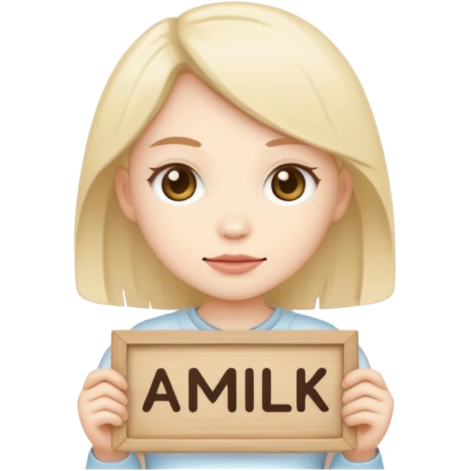 Chibi cult girl emoji, flat vector style, bold outline, holding a sign that says “AMILK” in clear capital letters, centered, simple background emoji
