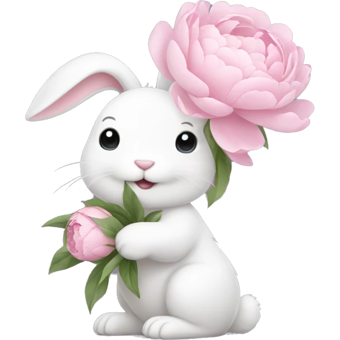 cute white bunny holding light pink peonies emoji