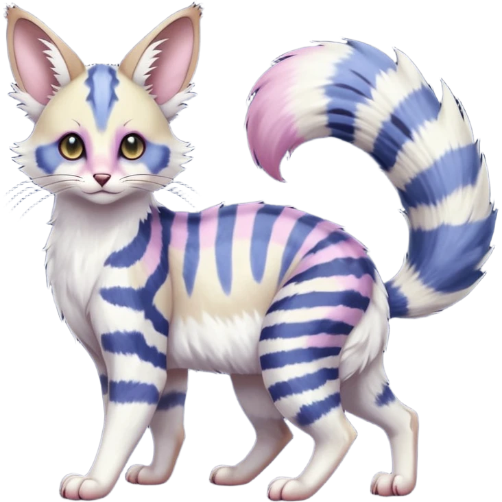  Realistic dull gloomy-dark-deep-grayish-indigo-violet-gradients albino fur with random colorful markings beautiful elegant pretty precious cute  Fakémon-Pokémon-opossum-feline-serval-caracal-chinchilla-Minccino-hybrid-creature with a big fluffy bushy striped tail (full body) emoji