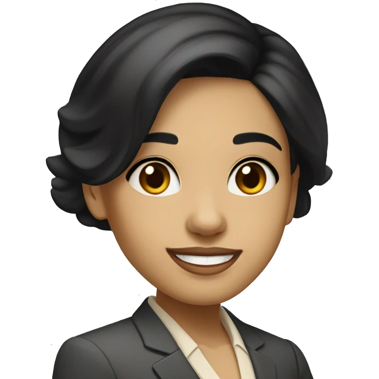a girl with medium straight black hair, parted in the middle, slanted but not too slanted eyes, medium beige skin color smiling in a business outfit emoji