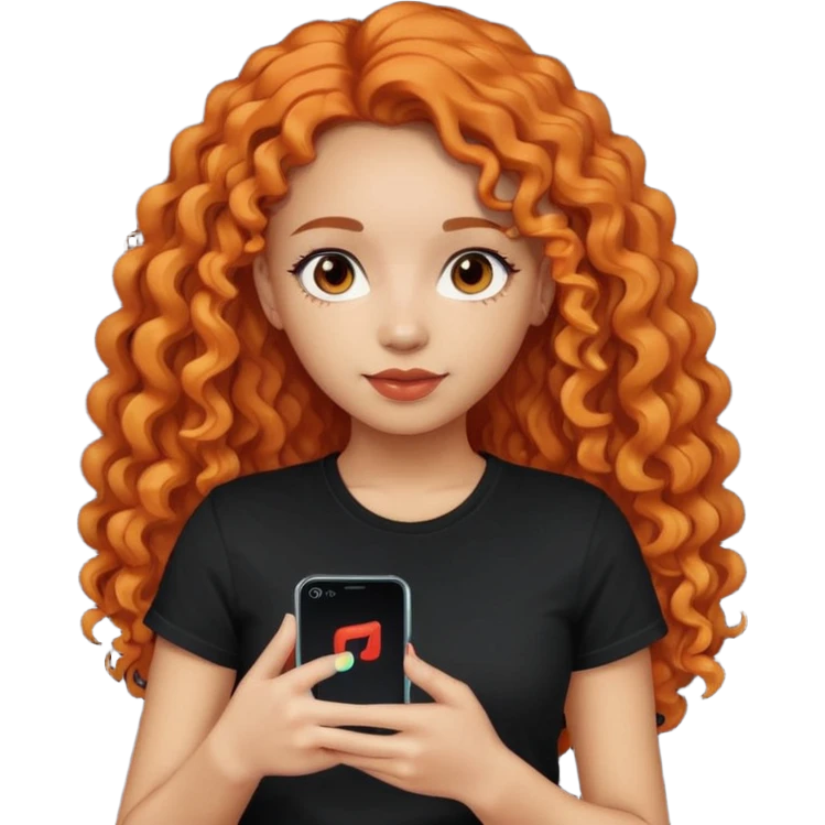 A girl with long, dark orange curly hair, light skin,  wearing a black T-shirt, is holding a phone with the TikTok icon emoji