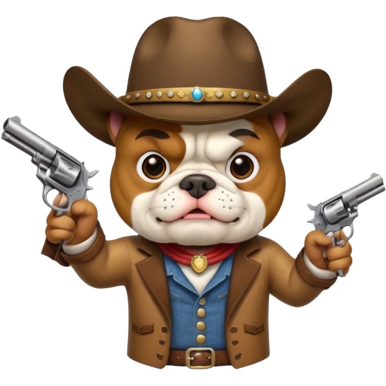 A bulldog wearing a cowboy hat pointing a revolver at you and telling you to hand over your money. emoji