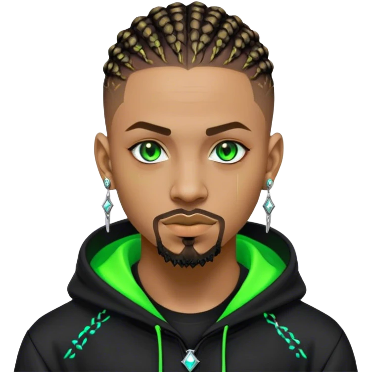 Light skinned African American male with green eyes as a cyberpunk hacker with cornrows hairstyle but short cornrows  with goatee facial hair with small diamond stud earrings wearing a hacker hoodie emoji