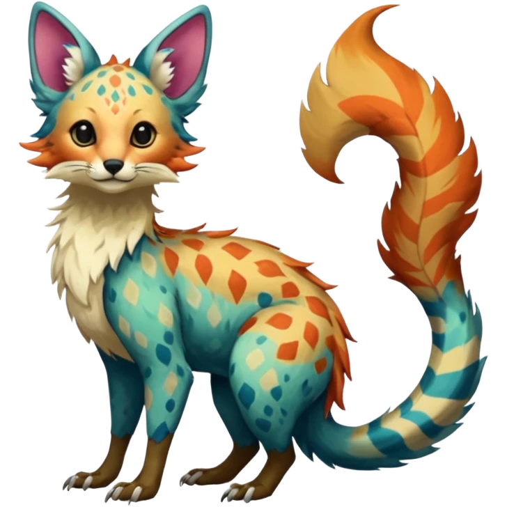 Feral Rare Fantasy colorful Vernid-Trico-species by LiLaiRa, random markings, tufted tail, tufted ears, full body emoji