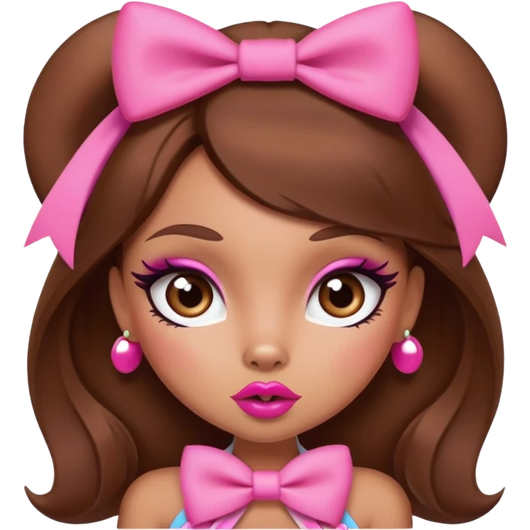 Bratz-inspired character with brown hair, pink bow, exaggerated big lips, and foxy eyes emoji