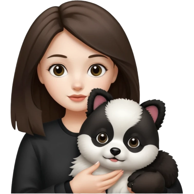 an brunette hair girl holding her white pomeranian dog that looks like a panda emoji