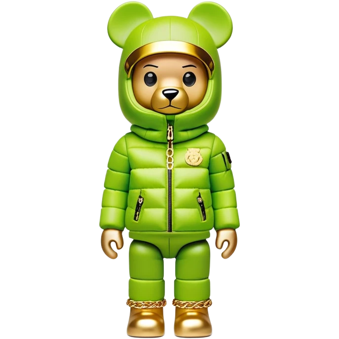 museum-quality bearbrick figure with perfect cubic proportions, lime green balaclava with seamless integrated golden visor lens, ultra-luxury designer down jacket with prominent branding and premium plush fur trim throughout, detailed gold chain accessories, fashion statement piece emoji