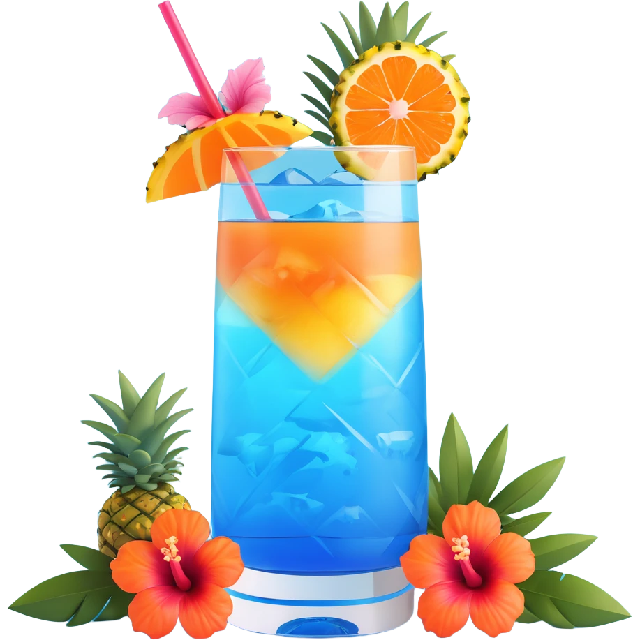 blue tropical cocktail with hibiscus and pineapple garnishes emoji