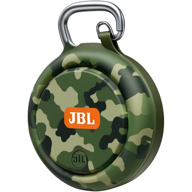 Highly simplified JBL Clip 4 speaker with proper circular form and carabiner clip, subtle green camouflage pattern, iOS emoji style emoji
