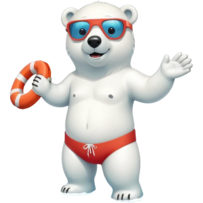full body friendly anthropomorphised polar bear smiling, wearing colorful swim shorts and swim goggles, standing in a small pool of water, holding a red and white life buoy emoji