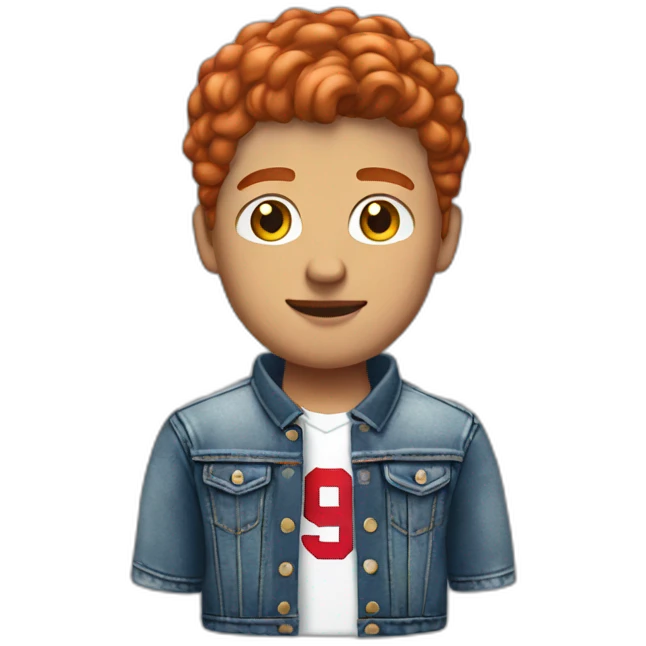 a young man in a jeans jacket and bills jersey with short red hair emoji