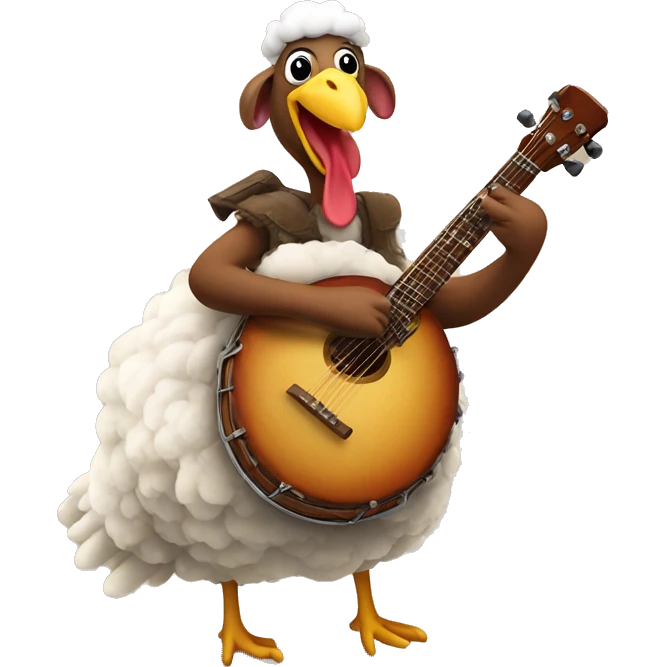 turkey playing a banjo while riding a sheep emoji