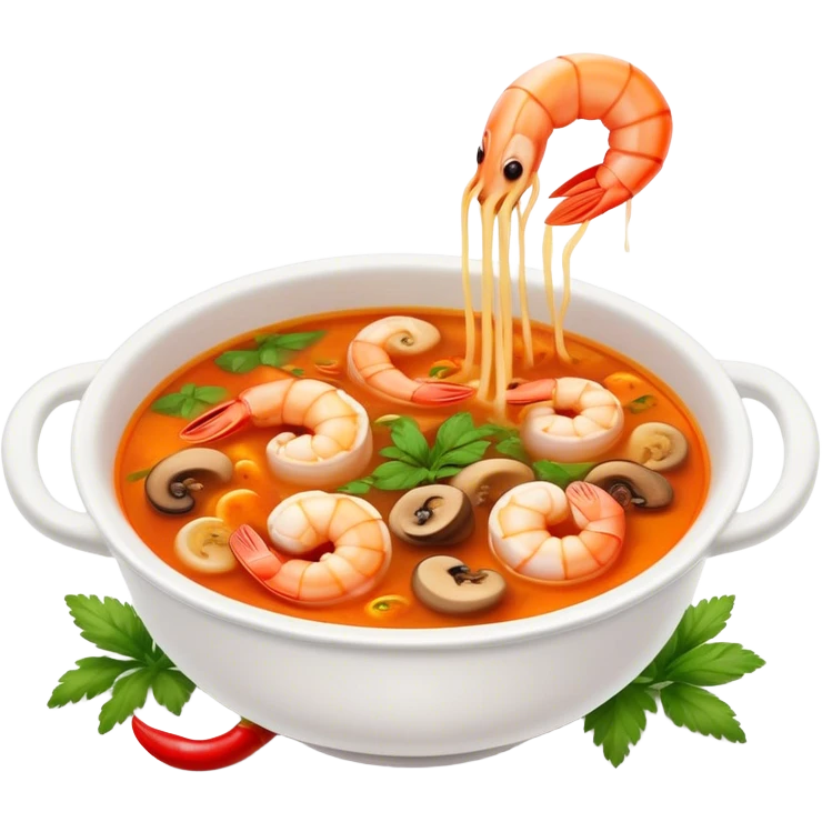 Cinematic Realistic Tom Yam Kung Soup Dish Emoji, showcasing a spicy, sour shrimp soup with herbs and mushrooms rendered with lifelike textures and bold, dynamic lighting. emoji