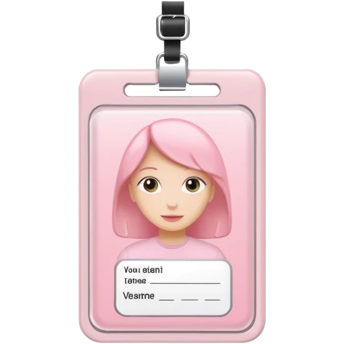 pastel pink ID badge with a photo placeholder emoji