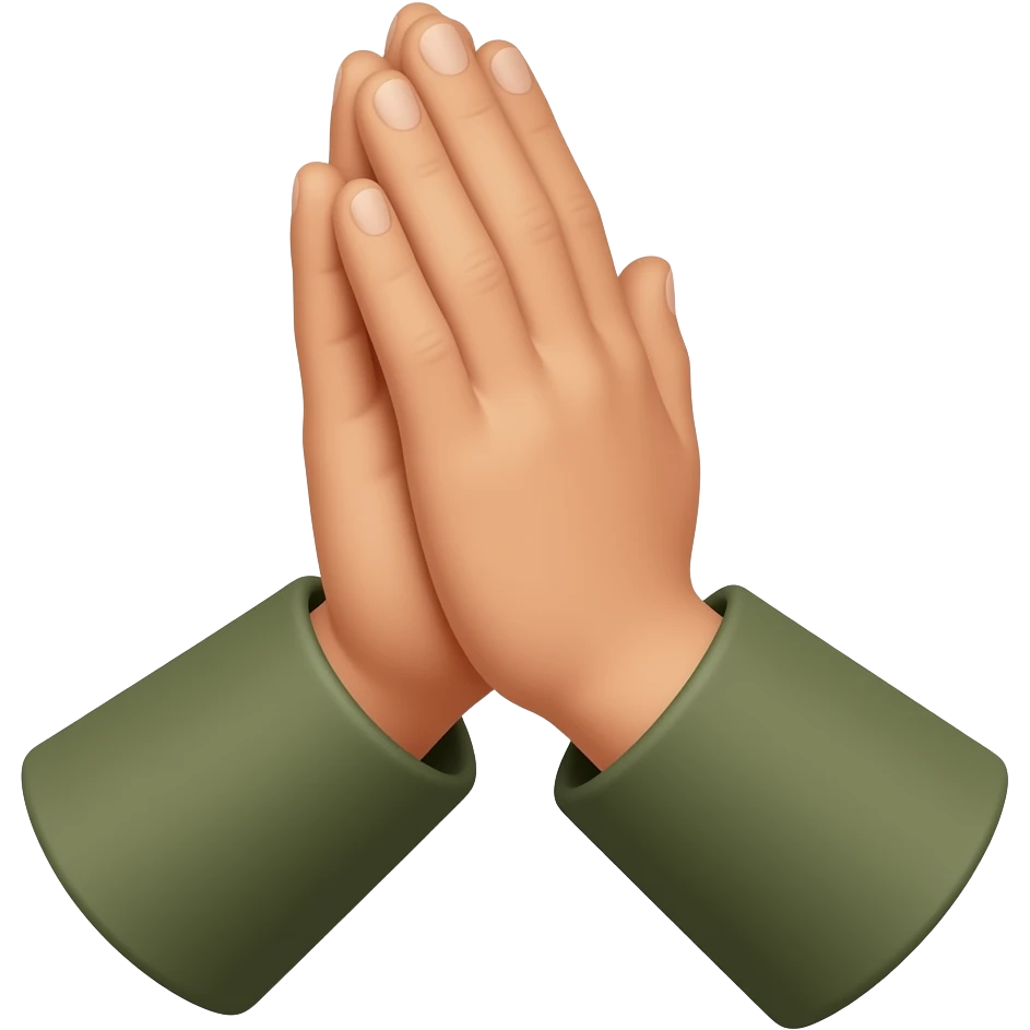 simple sticker of folded hands (praying gesture) with is dark olive greensleeves, emoji
