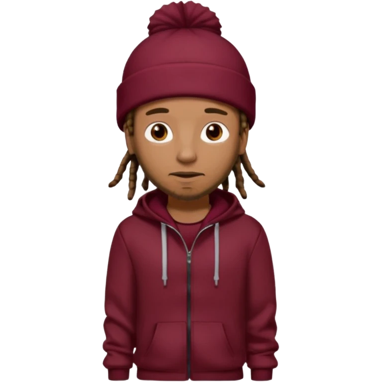 Animate a caramel skinned male with brown dreads and a tan colored  beanie. Wearing a burgundy tracksuit on with no beard  emoji