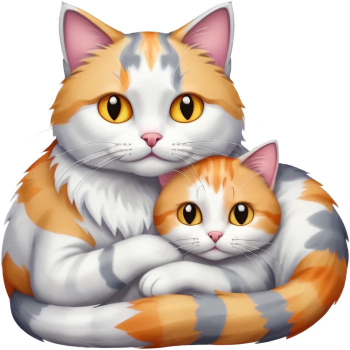 big grey and white cat cuddling a colourful light patched calico + white tabby cat emoji