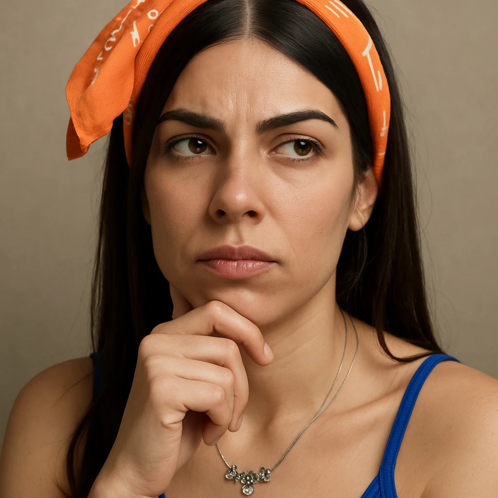 Donna pensierosa con mano sotto al mento, ispirata al riferimento, espressione riflessiva, dettagli iperrealistici 4K, sfondo neutro, in a hyperrealistic style. emoji