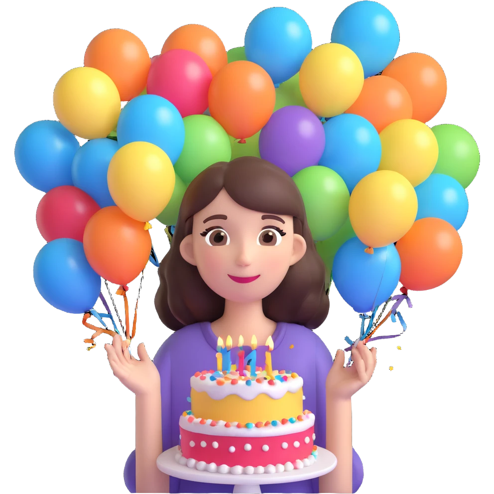 brunette girl with balloons and birthday cake, cheerful, confetti, party atmosphere emoji