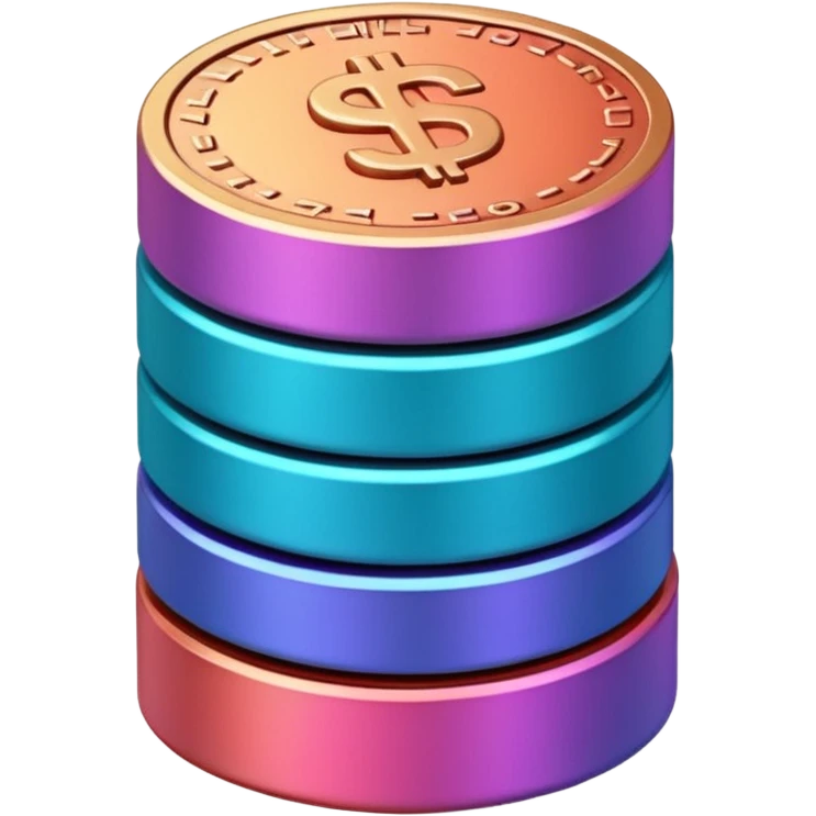 Stack of coins in gradient of turquoise, blue, pink, purple, and coral color emoji