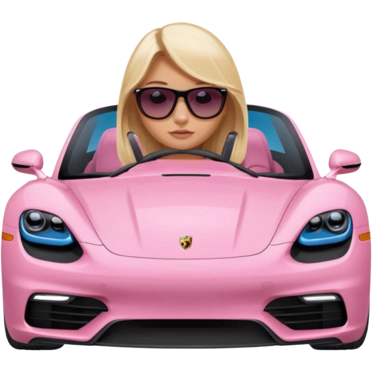 pink Porsche taycan with blonde girl, blue eyes, sitting in the car, front view point of view emoji