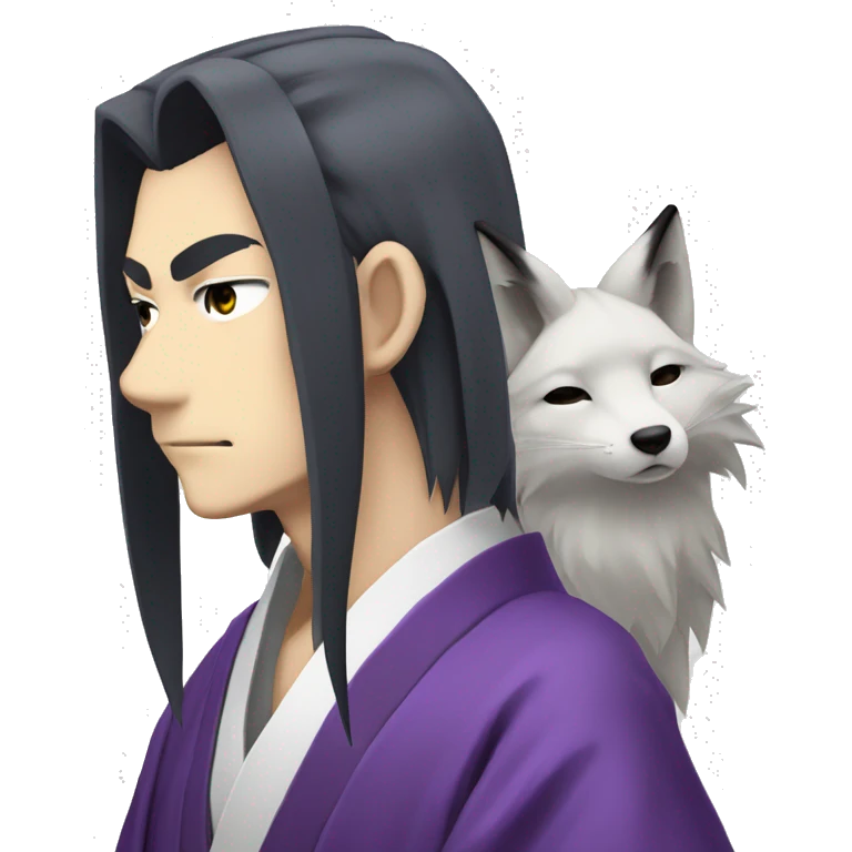 The Tomoe guy from "kamisama kiss" with long hair, white Fox ears, pointy chin, his purple kimono and serious face emoji