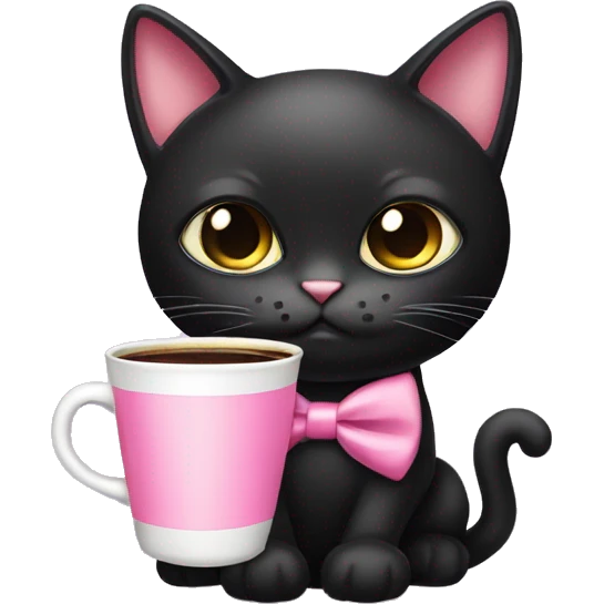 female cute black cat with big eyes and pink bow tie, drinking coffee emoji