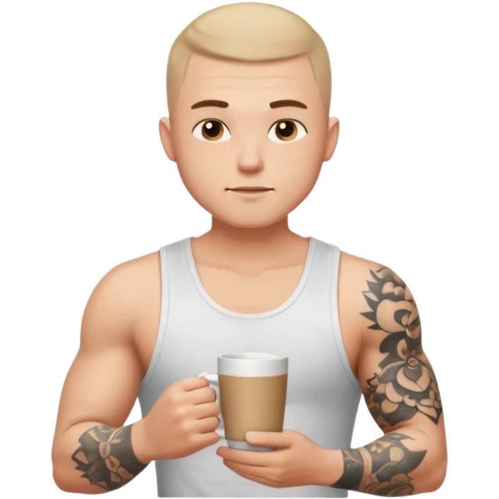 a white short guy wearing a white tank top with a buzz cut drinking a cup of coffee, hes got tattoos on his arms emoji