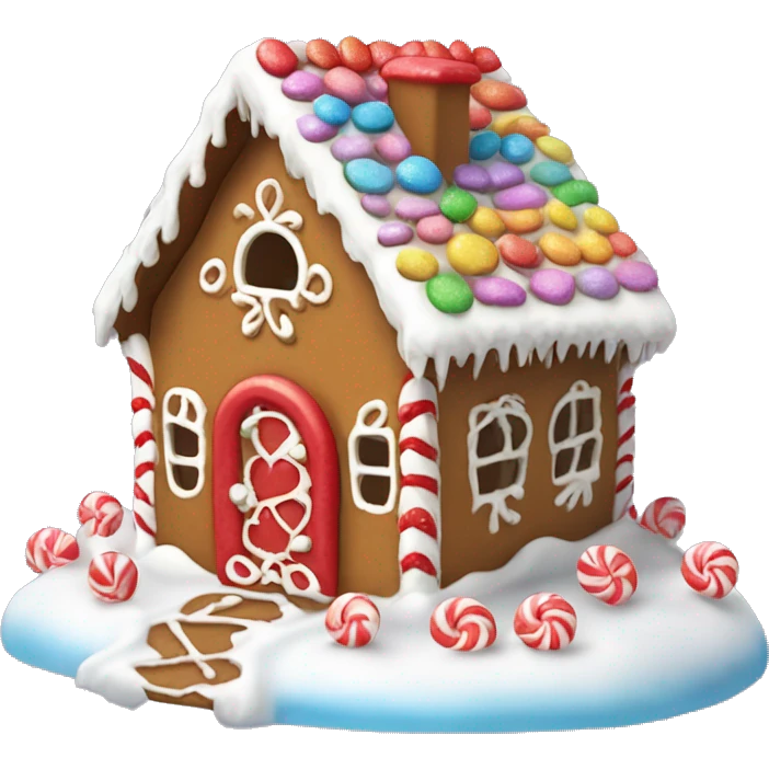 Mini gingerbread house with colorful candy decorations, a snowy white roof, and a little red heart on the door emoji