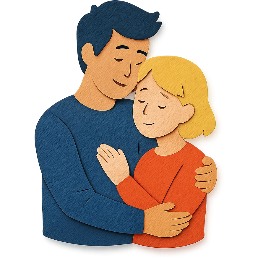 tall dark-haired male cuddling his short blonde girlfriend, paper craft style emoji