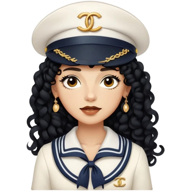 tan androgynous person with long black curls wearing a sailor outfit with a white sailor hat and a chanel bag emoji