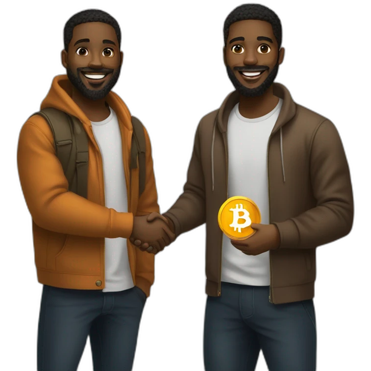 Two young black men in their 20’s with beards shaking hands with Bitcoin token in their hands  emoji