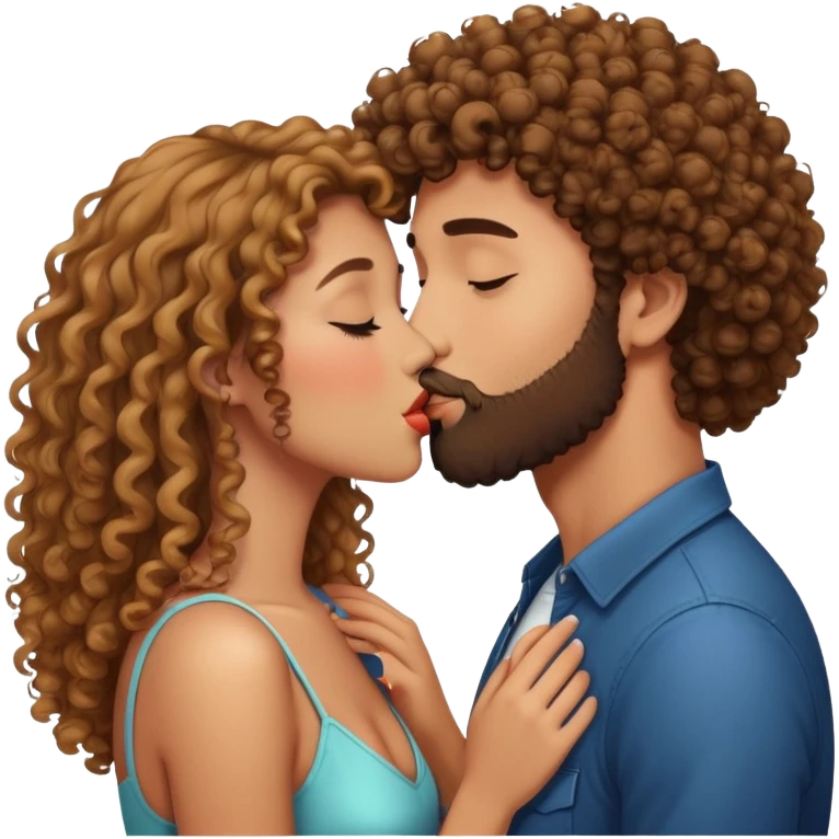 Curly haired girl kissing straight hair man with beard, romantic couple kiss emoji