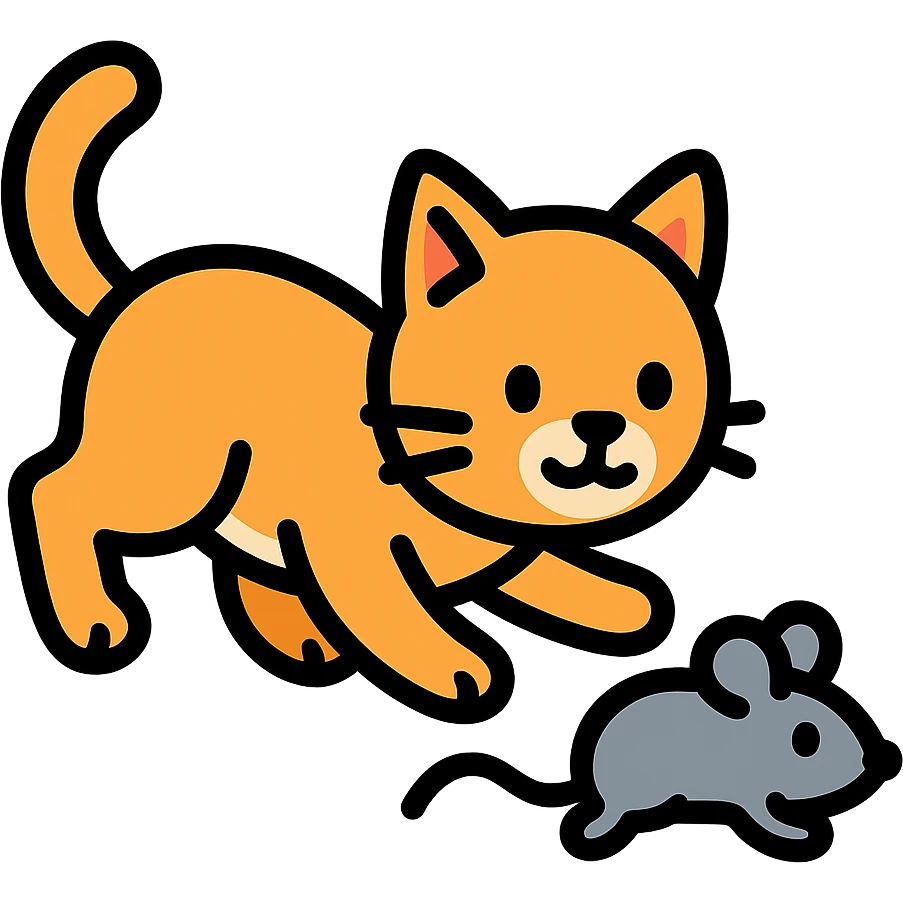 cat chasing a mouse icon with color and black outlines emoji