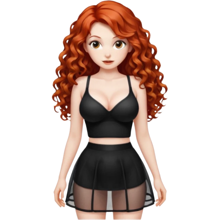 Naked red haired girl with long curly hair and very large big boobs and cleavage.  Thin waist and wide sexy hips. She is not wearing any clothes at all except a see-thru black mesh very short mini-skirt emoji