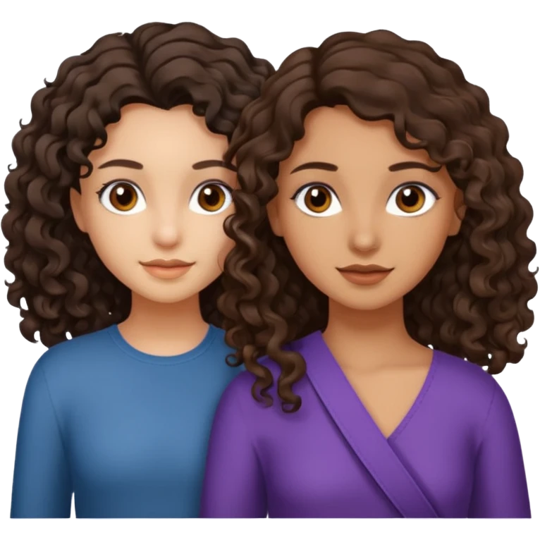 Two girls. One with shoulder length curly hair (dark brown hair and dark brown eyes, white skin) and the other with dark wavy hair below the shoulders and brown eyes. emoji