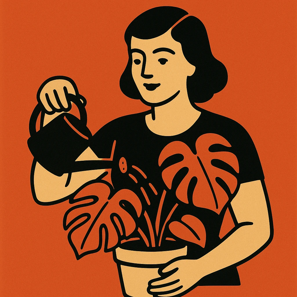 woman watering her monstera plant emoji