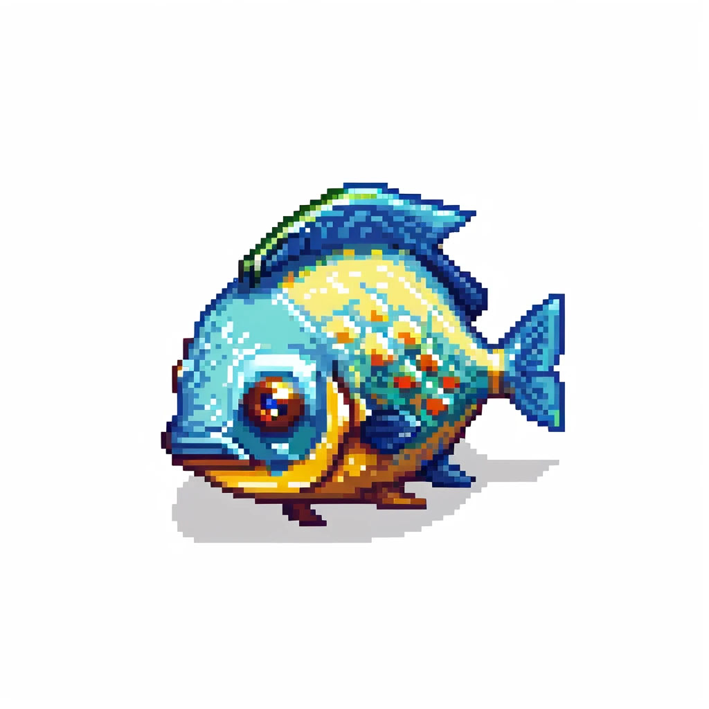 Minecraft inventory fish, eye pointing down-left at 45-degree angle, square texture, isolated fish with transparent background, pixel art game texture emoji