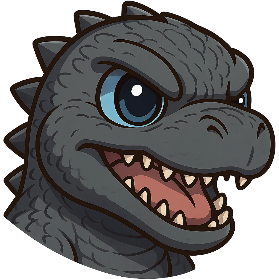 Make the Godzilla close-up more anime style with bold outlines and expressive eyes, in a sticker style similar to the provided anime reference images. Use a transparent background. emoji